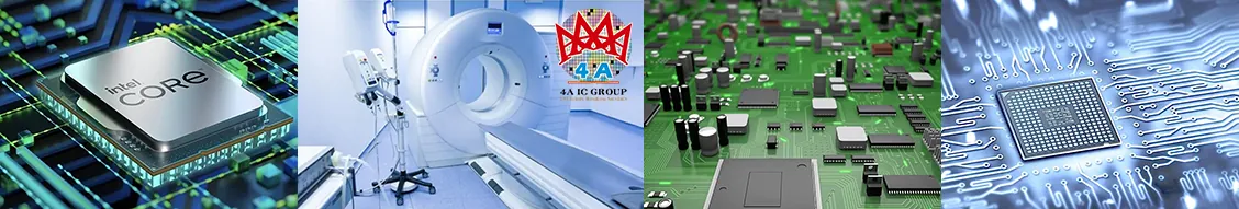 4A IC technology collage with chips, circuit boards and medical equipment