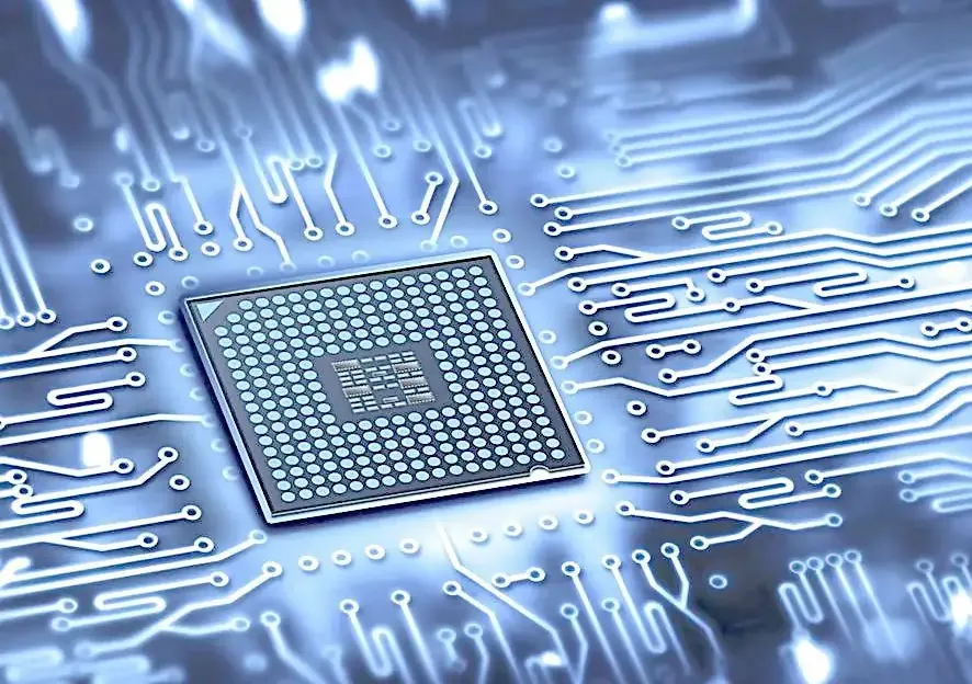 Blue circuit board with an integrated circuit
